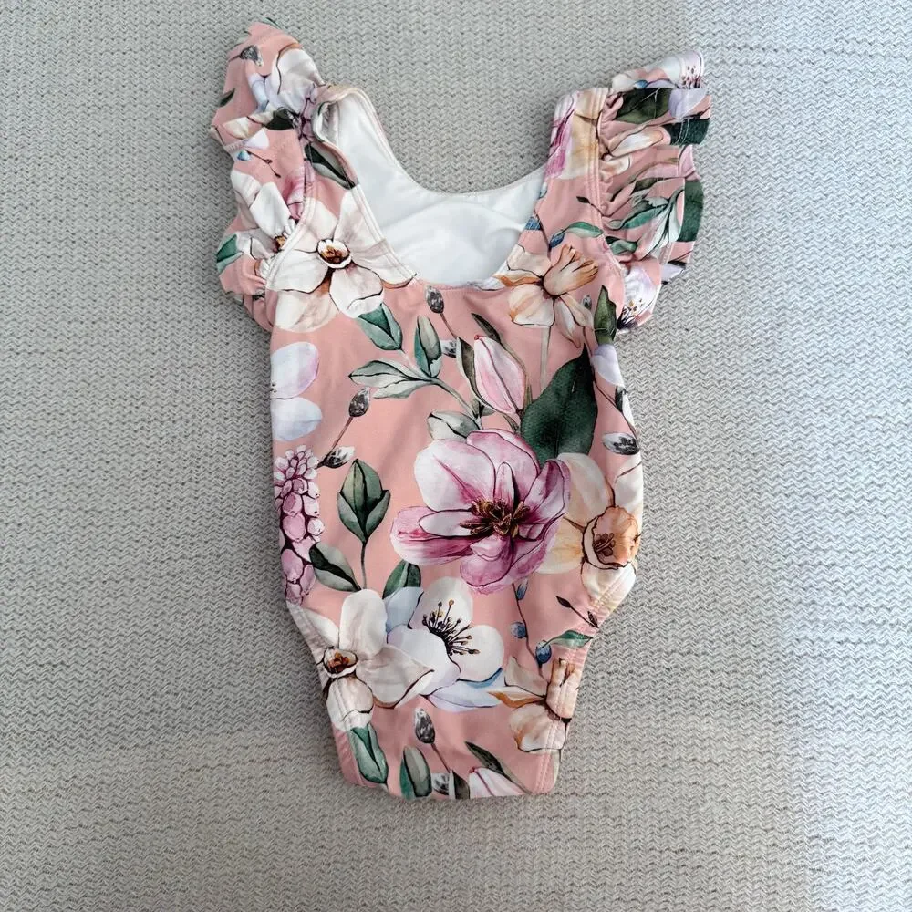 Posh Peanut Pink Floral Print Margot Ruffle One Piece Swimsuit - 12 to 18 Months